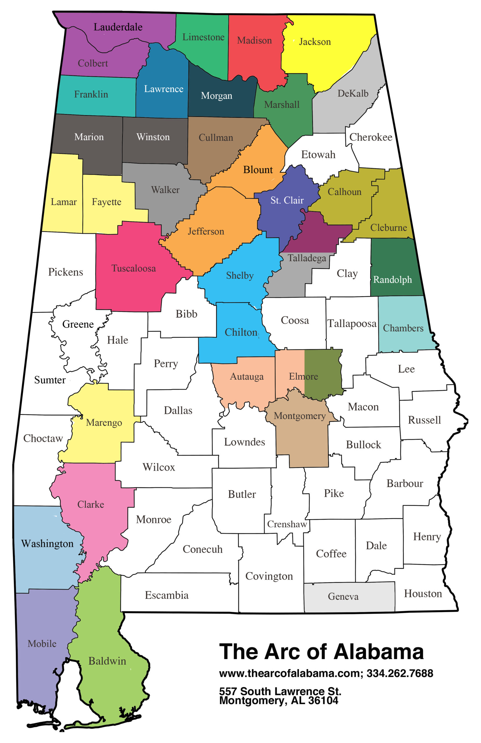 Alabama state map showing counties where Arc chapters are present